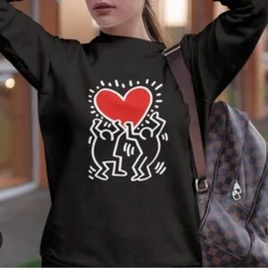 Keith Haring Black Crewneck Sweatshirt Heart Graphic Art Design Women's Medium